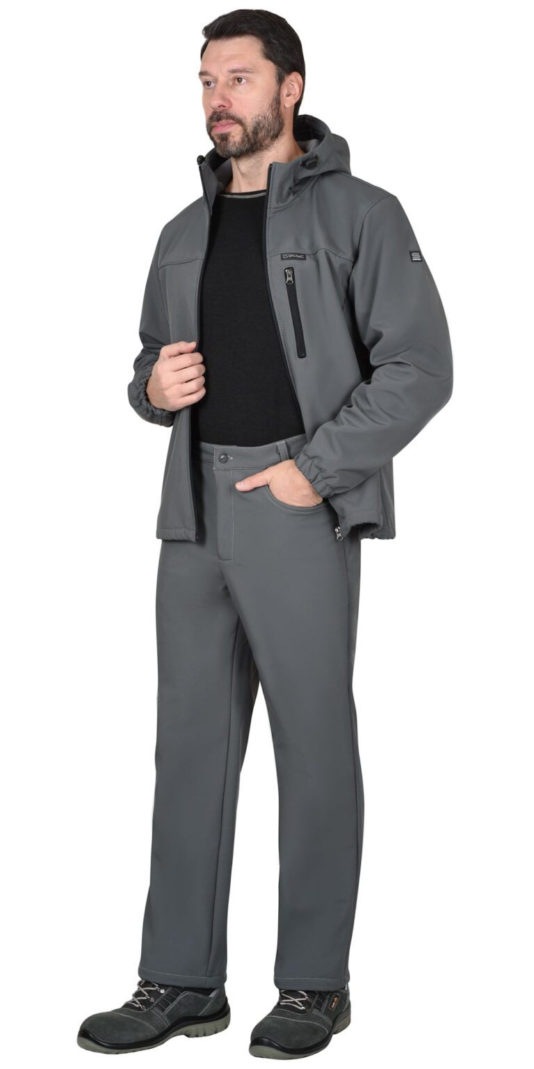 Костюм СИРИУС-АЗОВ с капюшоном серый софтшелл, 350 г/м2