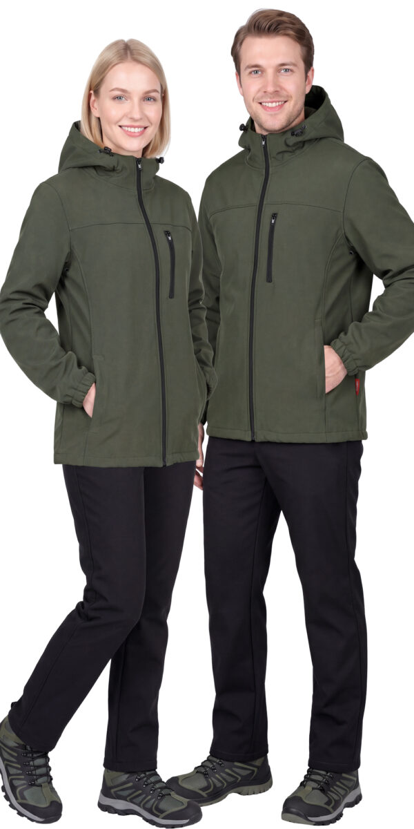Куртка СИРИУС-АЗОВ с капюшоном хаки, софтшелл, 350 г/м2