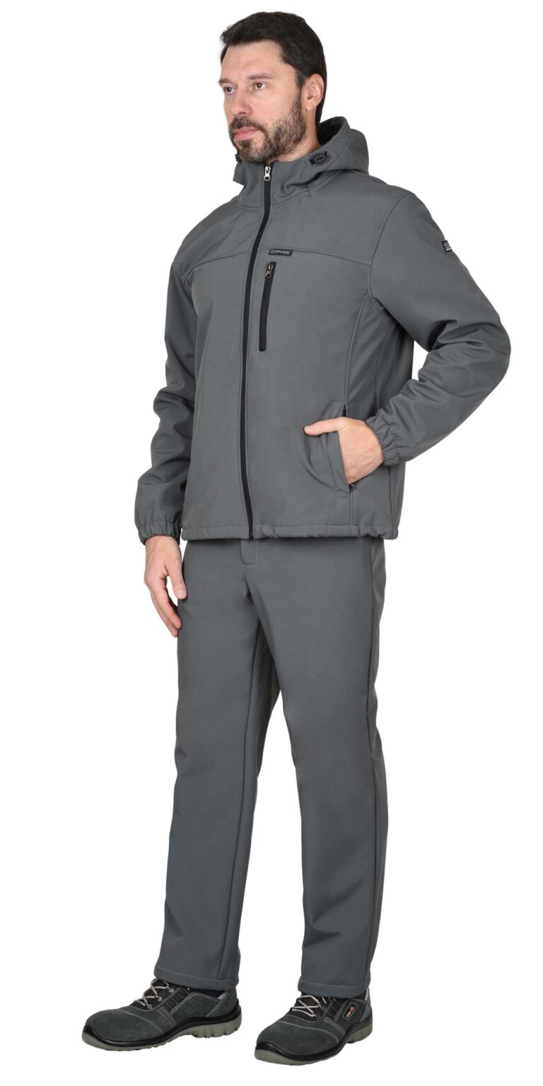 Куртка СИРИУС-АЗОВ с капюшоном серая, софтшелл, 350 г/м2
