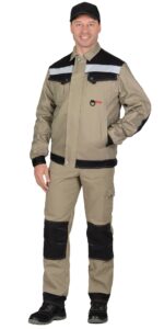Куртка СИРИУС-ВЕСТ-ВОРК короткая, бежевая с черным и СОП, 280 г/м2, 65% ПЭ, 35% ХБ